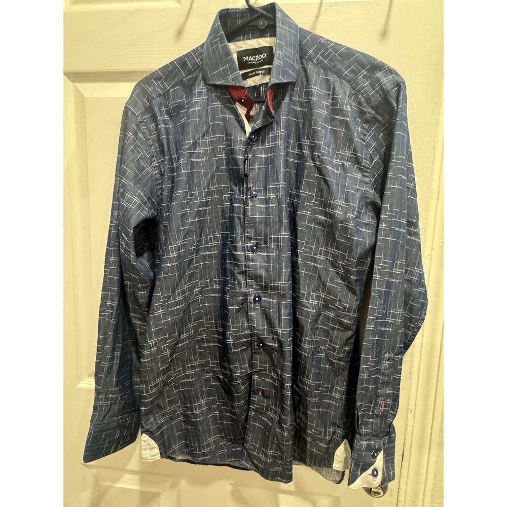 Maceoo Mens Designer Button Down Shirt Small Blue Plaid Pattern Long Sleeve